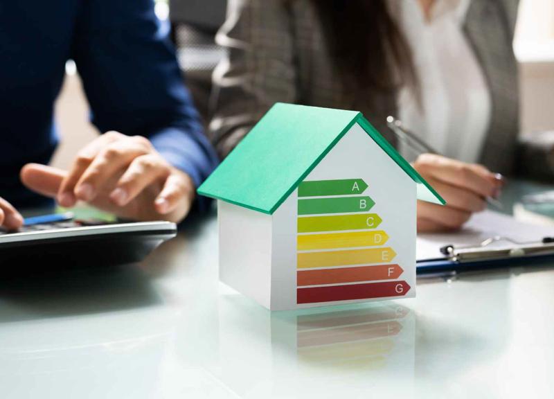 energy certification scale for properties ordered by colour over the figure of a green and white house and with two people working in the background