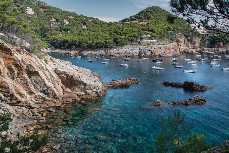 A secluded Costa Brava cove featuring crystal-clear turquoise water, rugged rocky cliffs, overhanging pine trees, and small white boats gently anchored in the bay.