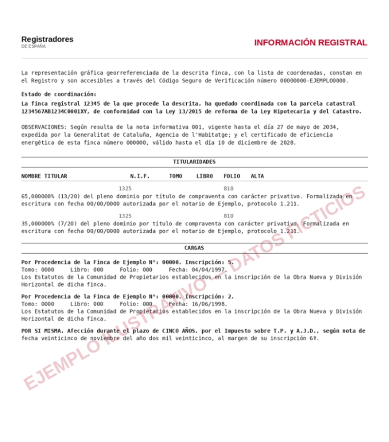 Ejemplo de nota simple con los apartados de titularidad y cargas, con datos ficticios.