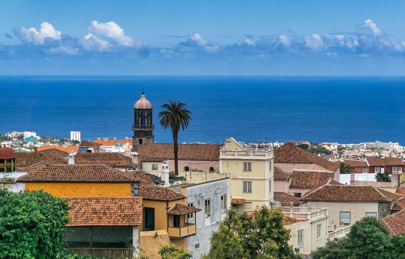 Traditional clay-tiled rooftops, a historic church bell tower, and a palm tree overlooking the Atlantic Ocean in La Orotava, Tenerife.