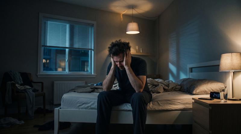 A tired man sits on his bed at 2:43 AM, holding his head, due to domestic noise disturbance at night.