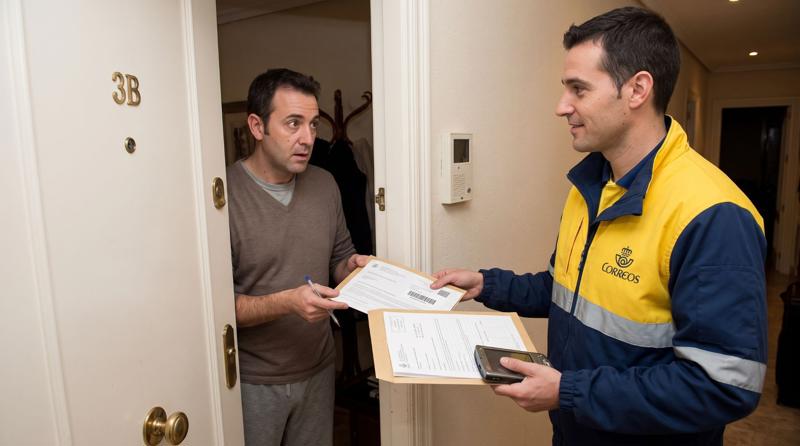 A Spanish Correos postal worker delivers a formal certified letter to a resident at an apartment doorway.
