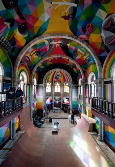 Disused church becomes rainbow-coloured indoor skatepark