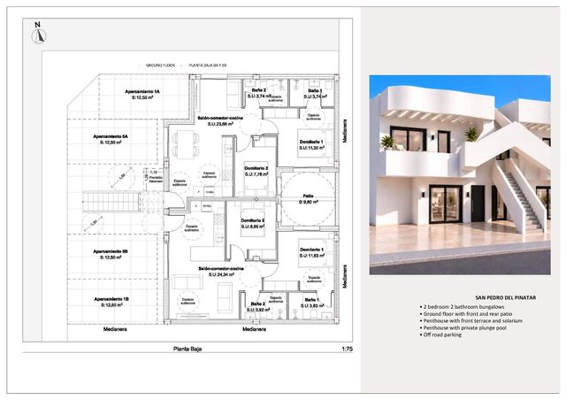 2 makuuhuone Bungalow myytävänä paikassa Lo Pagan, San Pedro del Pinatar mukana uima-altaan 
autotalli - 279 950 € (Ref: 10103014)