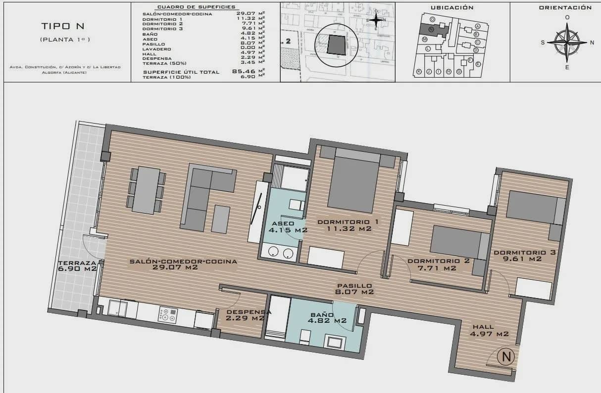3 makuuhuone Huoneisto myytävänä paikassa Algorfa mukana uima-altaan - 208 266 € (Ref: 9961297)
