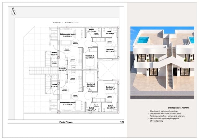 2 makuuhuone Bungalow myytävänä paikassa Lo Pagan, San Pedro del Pinatar mukana uima-altaan 
autotalli - 299 950 € (Ref: 10101877)