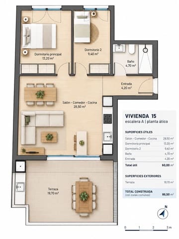 2 quarto Penthouse para venda em La Xara, Dénia com piscina garagem - 295 000 € (Ref: 9860820)
