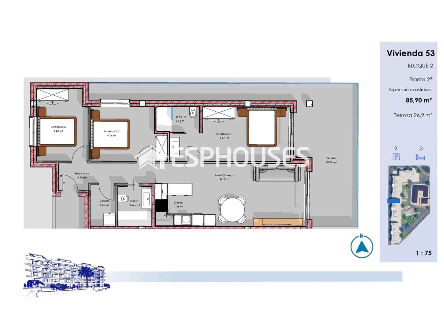 3 makuuhuone Huoneisto myytävänä paikassa Guardamar del Segura mukana uima-altaan 
autotalli - 325 000 € (Ref: 9802691)