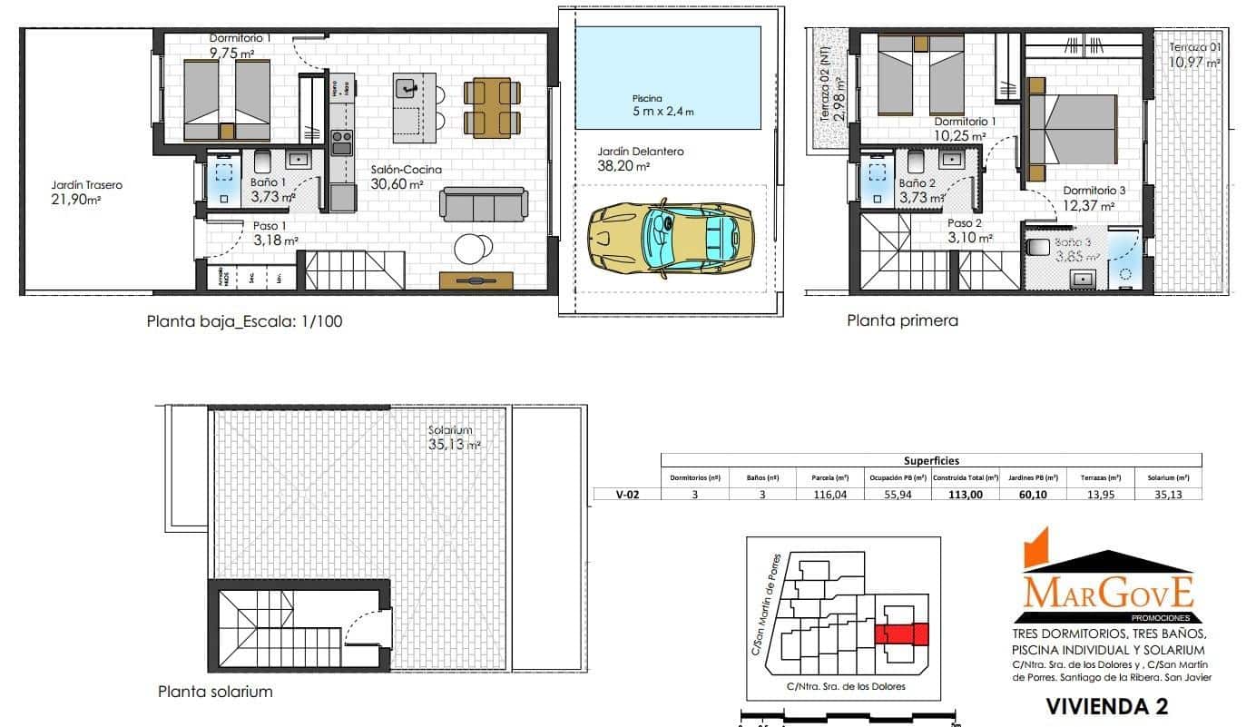 3 sypialnia Dom szeregowy na sprzedaż w Santiago de la Ribera z basenem - 425 000 € (Ref: 8948912)