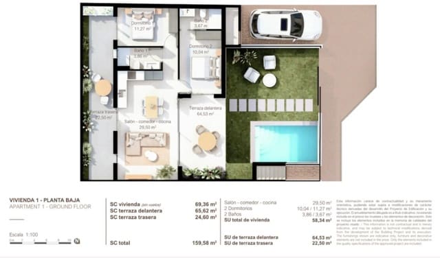 2 makuuhuone Bungalow myytävänä paikassa Lo Pagan, San Pedro del Pinatar mukana uima-altaan - 324 900 € (Ref: 9900879)