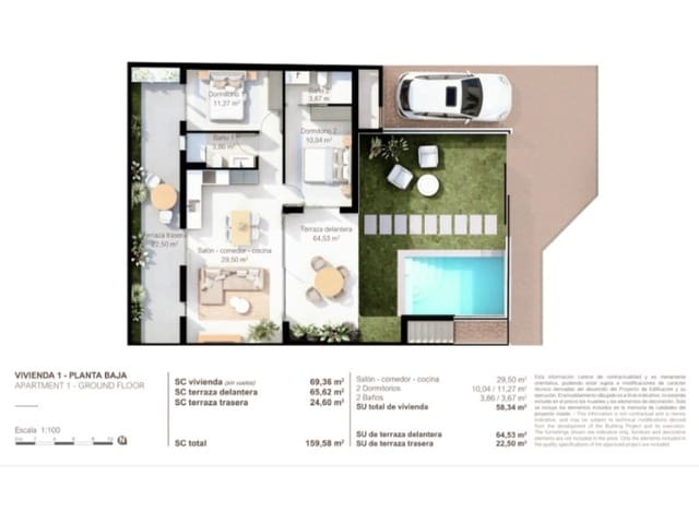2 makuuhuone Bungalow myytävänä paikassa Lo Pagan, San Pedro del Pinatar mukana uima-altaan - 324 900 € (Ref: 10090747)