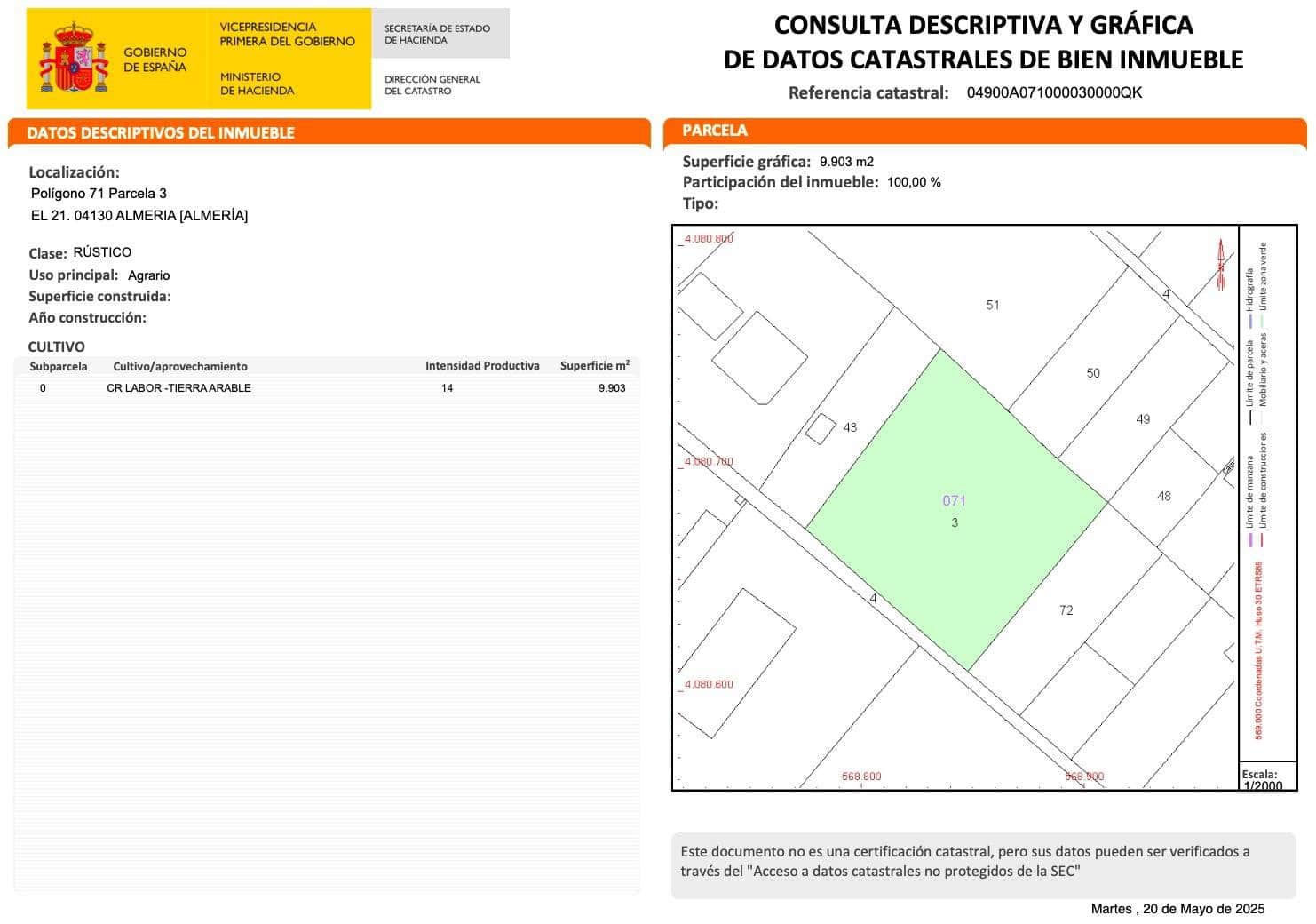 Ubebygd land til salgs i Almeria by - € 200 880 (Ref: 9029488)