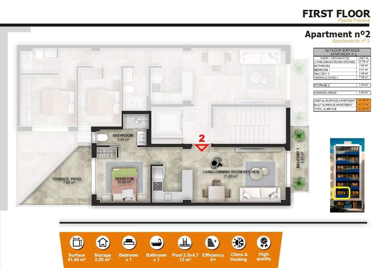 1 soverom Leilighet til salgs i Torrevieja med svømmebasseng - € 185 000 (Ref: 8961750)