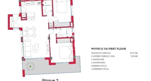 2 Zimmer Apartment zu verkaufen in Los Narejos, Los Alcázares mit Pool - 329.000 € (Ref: 9388531)