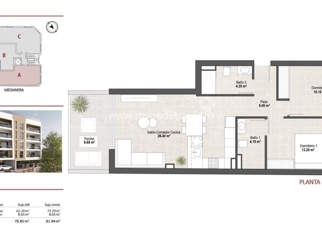 2 makuuhuone Huoneisto myytävänä paikassa Lo Pagan, San Pedro del Pinatar mukana uima-altaan - 244 900 € (Ref: 9602725)