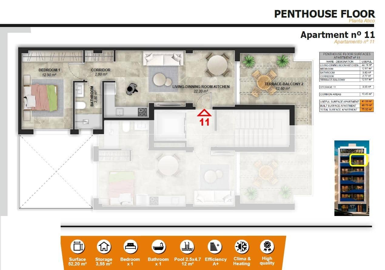 Ático de 1 habitación en Torrevieja en venta con piscina - 250.000 € (Ref: 9296026)