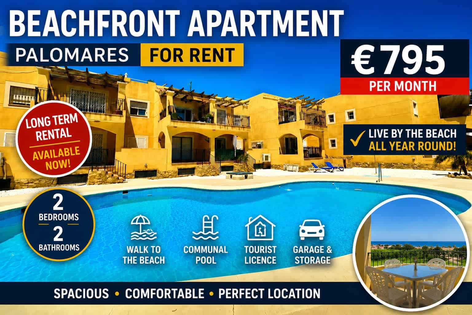 2 soverom Strandleiligheter til leie i Palomares med svømmebasseng garasje - € 795 (Ref: 9851320)