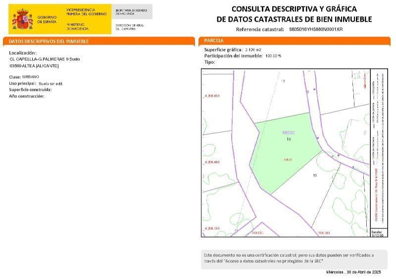 Landgrundstück zu verkaufen in Altea - 190.000 € (Ref: 9898682)