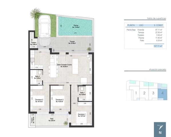 3 makuuhuone Bungalow myytävänä paikassa Los Peñascos - El Salero - Los Imbernones, San Pedro del Pinatar mukana uima-altaan 
autotalli - 409 000 € (Ref: 10039719)