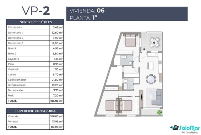 3 makuuhuone Huoneisto myytävänä paikassa Playa del Cura, Torrevieja mukana uima-altaan - 385 000 € (Ref: 9159965)