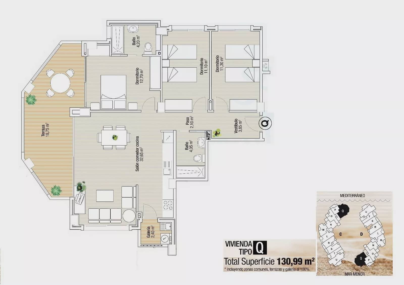 3 bedroom Beach Apartment for sale in La Manga del Mar Menor with pool - € 375,000 (Ref: 9087099)
