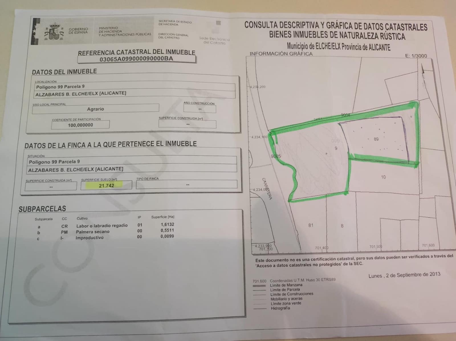 Tomt till salu i Elche / Elx - 400 000 € (Ref: 9021860)