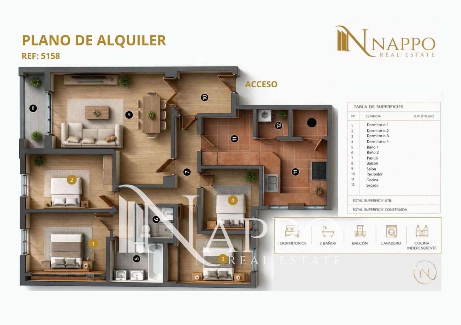 4 Zimmer Apartment zu vermieten in Madrid Stadt - 725 € (Ref: 9926738)