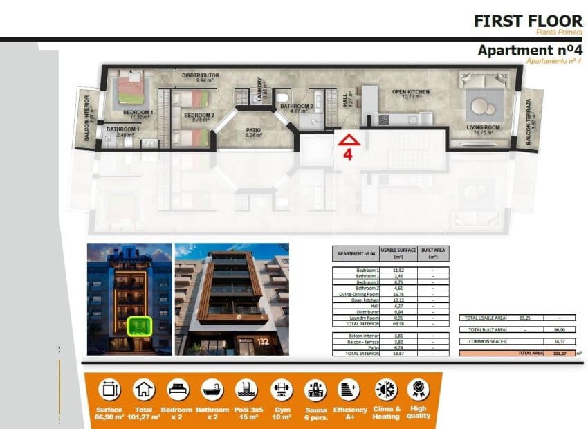 2 Zimmer Apartment zu verkaufen in Torrevieja mit Pool - 265.000 € (Ref: 9245761)