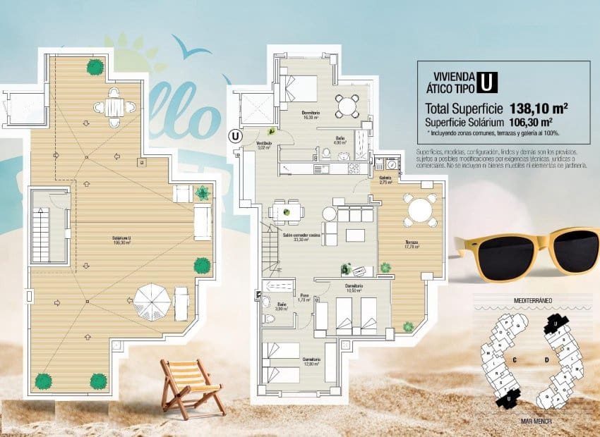 3 soveværelse Lejlighed til salg i La Manga del Mar Menor med swimmingpool - € 510.000 (Ref: 9296111)