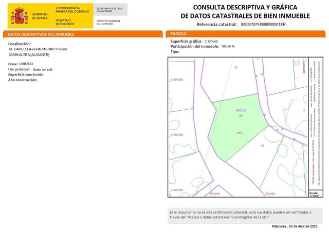 Building Plot for sale in Galera de las Palmeras, Altea - € 250,000 (Ref: 9747804)