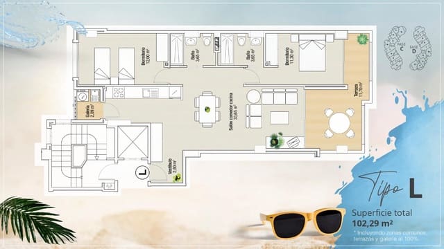 2 soveværelse Lejlighed til salg i La Manga del Mar Menor med swimmingpool - € 265.000 (Ref: 9962972)