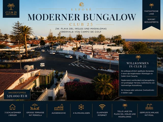 3 slaapkamer Bungalow te koop in Maspalomas, San Bartolomé de Tirajana met zwembad - € 529.000 (Ref: 10156840)