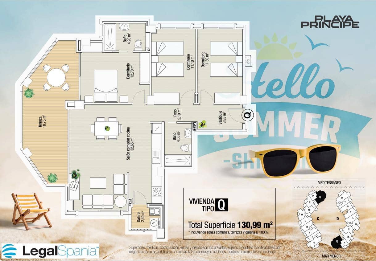 2 sovrum Lägenhet till salu i La Manga del Mar Menor med pool - 263 000 € (Ref: 10011767)