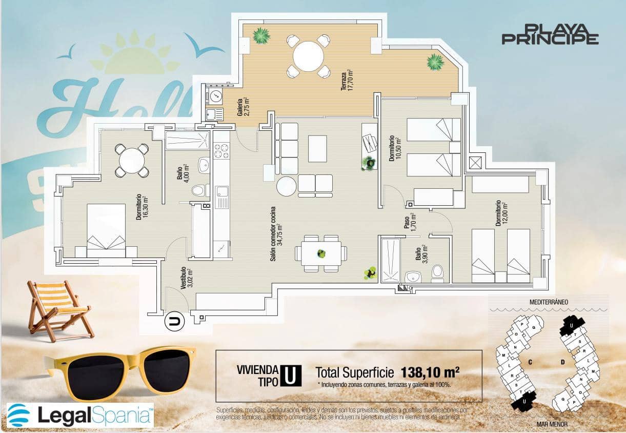 2 slaapkamer Flat te koop in La Manga del Mar Menor met zwembad - € 281.526 (Ref: 10011802)